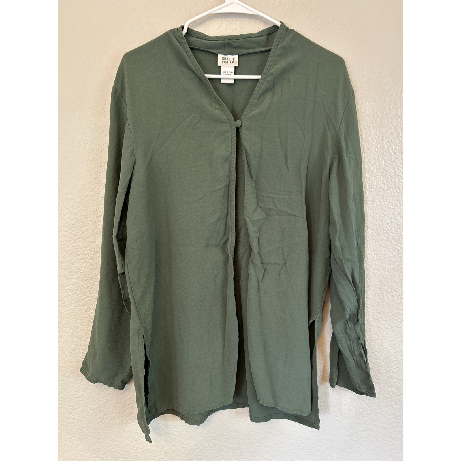 Eileen Fisher Jacket Womens Large Green Silk Kimono Button Long Sleeve Drape